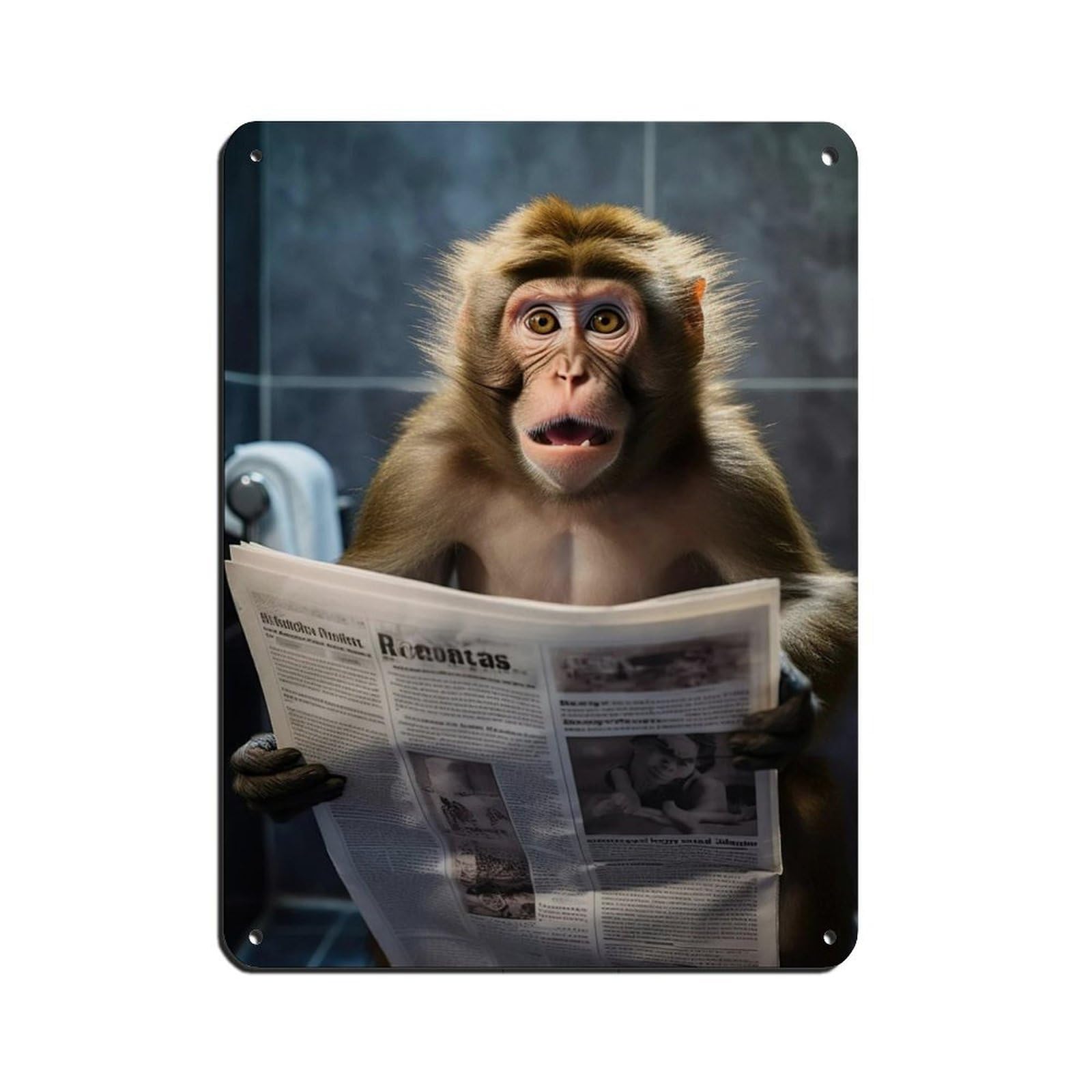 Macaque Monkey Sitting on The Toilet Reading A Newspaper Retro Poster Metal Tin Sign Chic Art Retro Iron Painting Bar People Cave Cafe Family Garage Poster Wall Decoration 12x16inch(30x40cm)