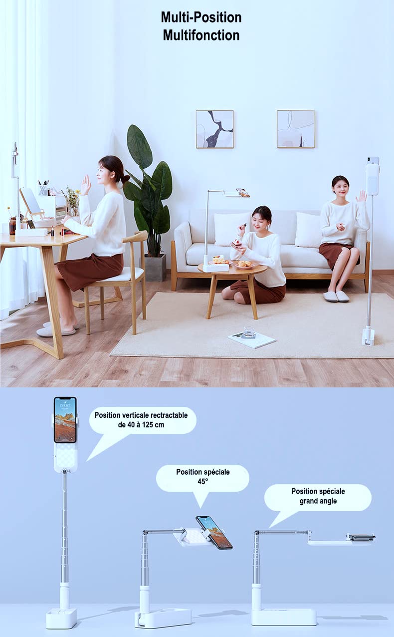 Trépied Support de téléphone Pliable 125cm pour Selfie, vidéo, tuto, Live, démonstration, TikTok, Rétractable Multi-Position, Lampe Double