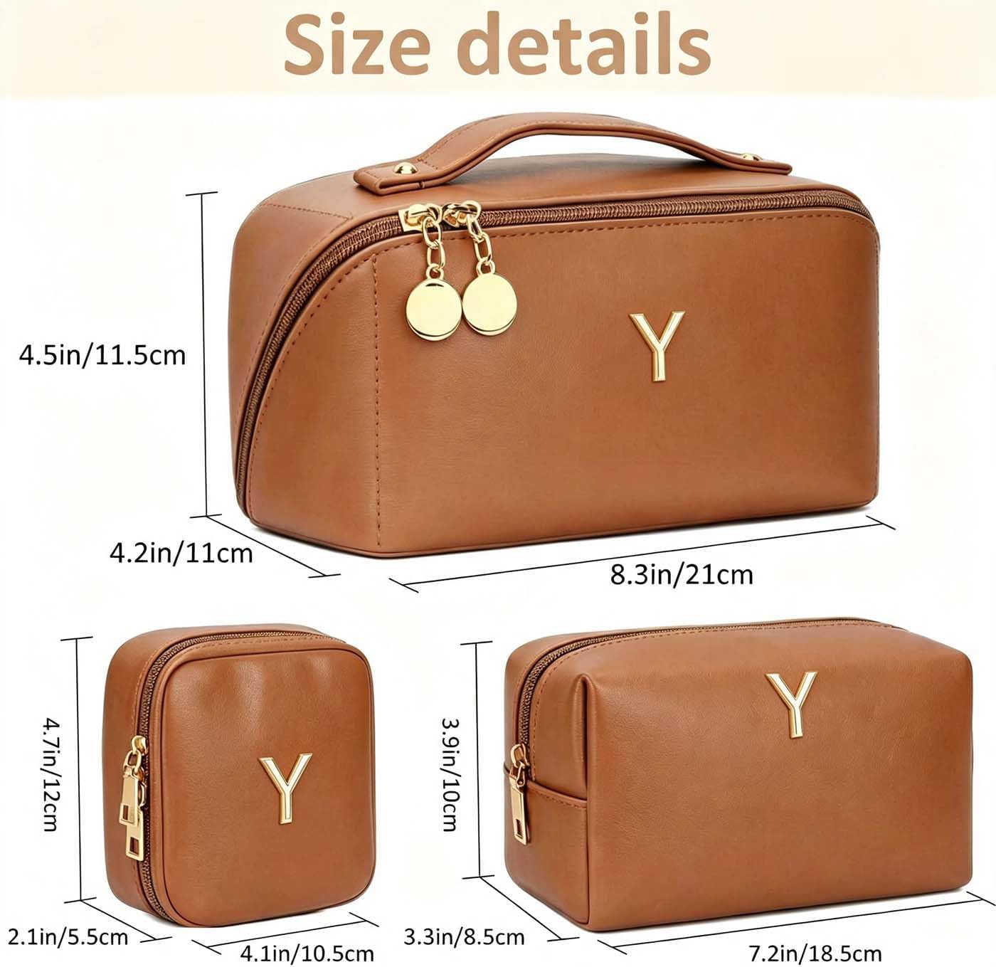 YOPCDJ Personalized Initial Makeup Bag for Women, Large Travel Cosmetic Case with Clear Divider and Handle, Open Flat Toiletry Organizer, Birthday Gift for Teen Girls (Brown-Y) image 2