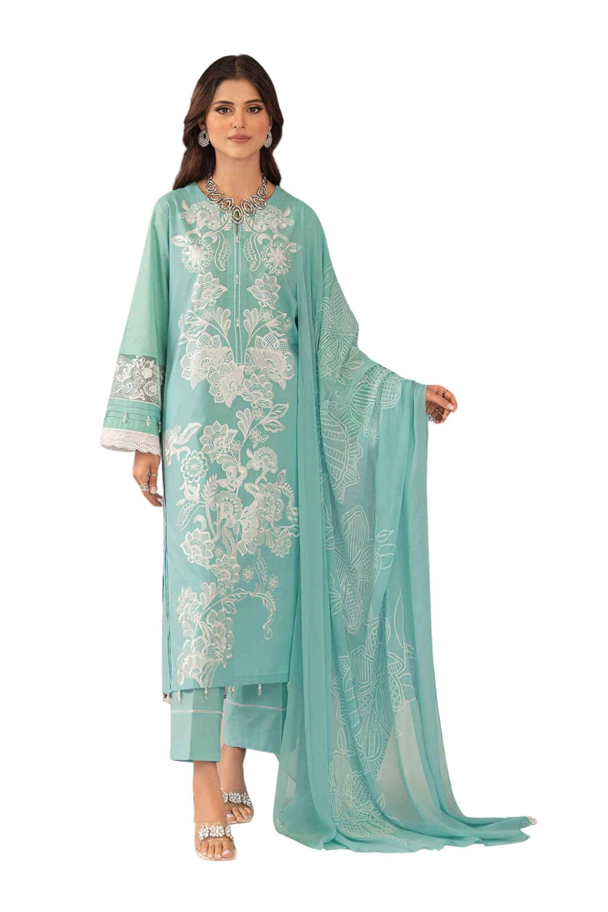 Nishat 3 Piece Embroidered Suit Lawn Aqua Shirt and Chiffon Dupatta with Cambric Trousers latest Unstitched collection -42301547
