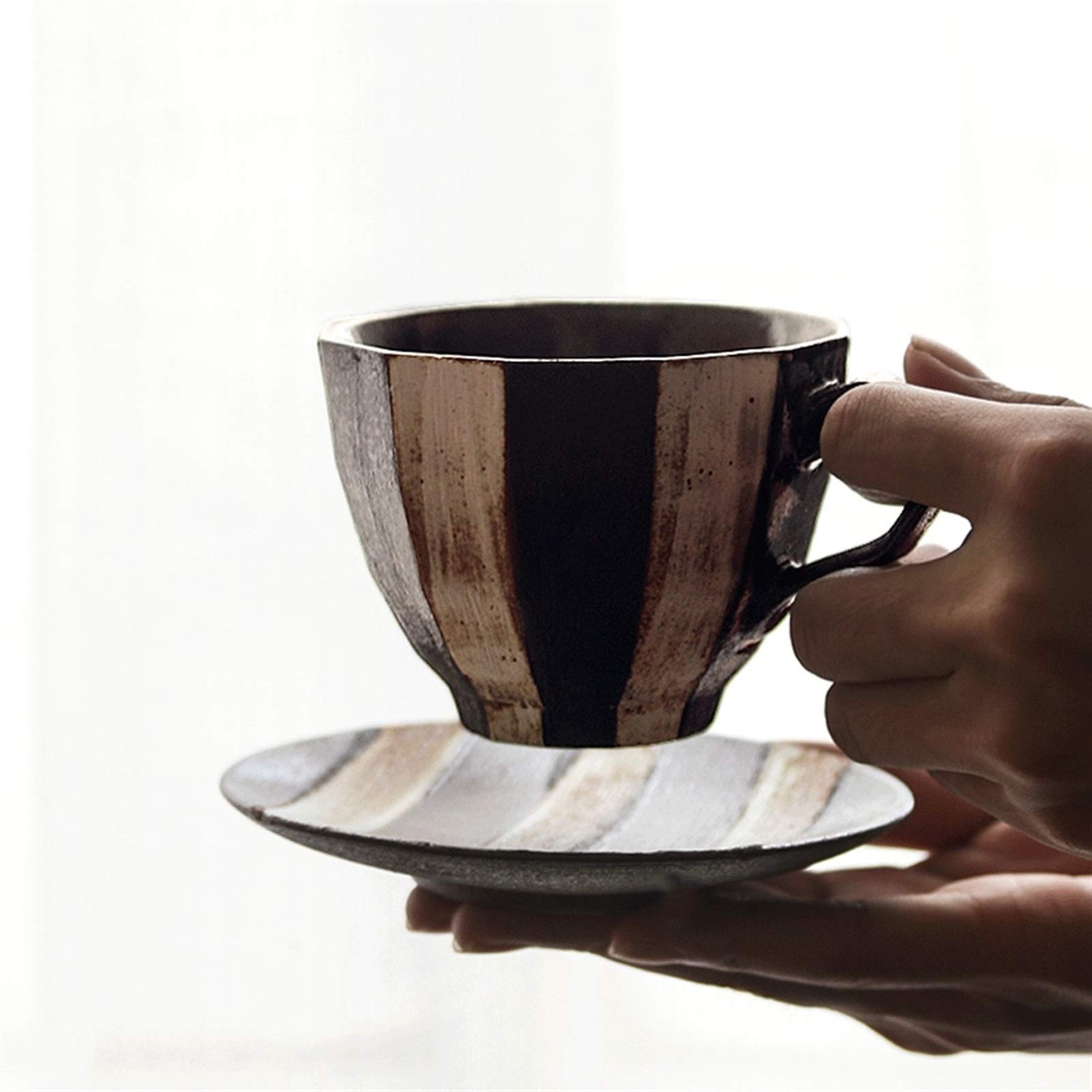 Taza de café, Taza de té, Taza de café y platillo de gres clásico a Rayas, Taza de té para el hogar, Taza de café de Arte Retro, Hecha a Mano