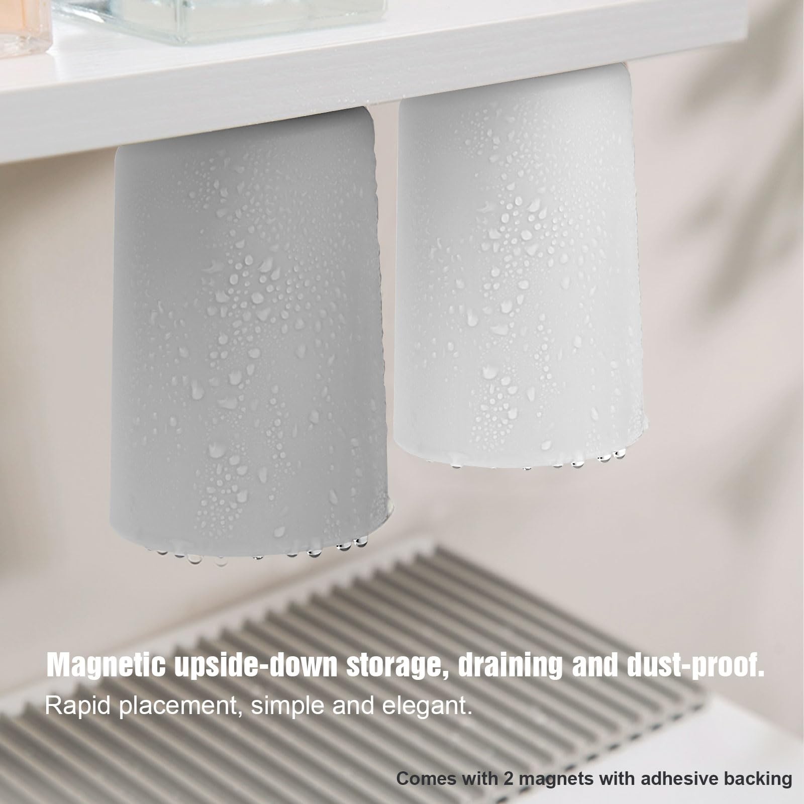 2 Pack Magnetic Inverted Toothbrush Cup Unbreakable Reusable Drinking Cups Set of 2 Colors, Plastic Bathroom Tumbler 280ml, Dishwasher Safe (Grey & White)