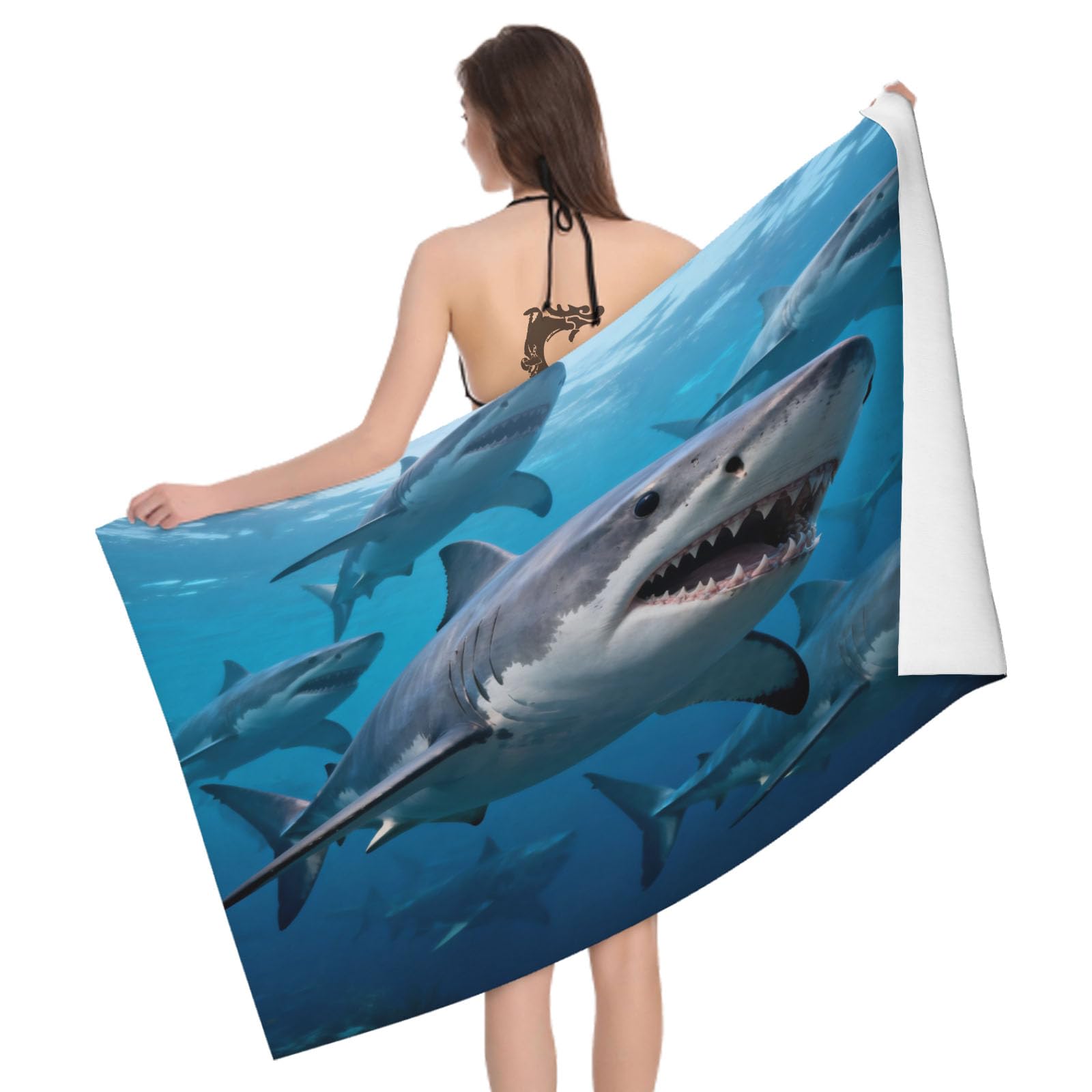 Leichong 3D Shark Pattern Beach Towel Microfiber Soft Quick Dry for Adults, Ocean Marine Theme Bath Towel Lightweight Soft Absorbent for Travel Swimming Pool Sports, 75 x 150 cm