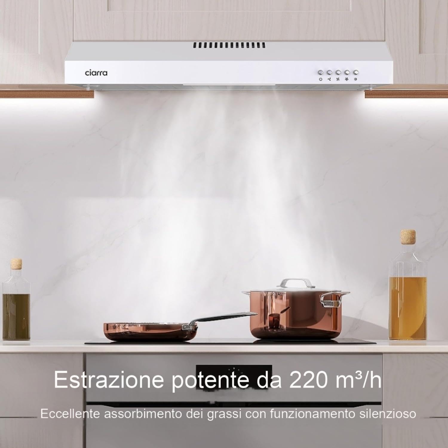 CIARRA CAW6903A Cappa Aspirante 60 cm Sottopensile Cappa da Cucina con Pannello Argento LED Montaggio a Parete con Ventola Estrattore