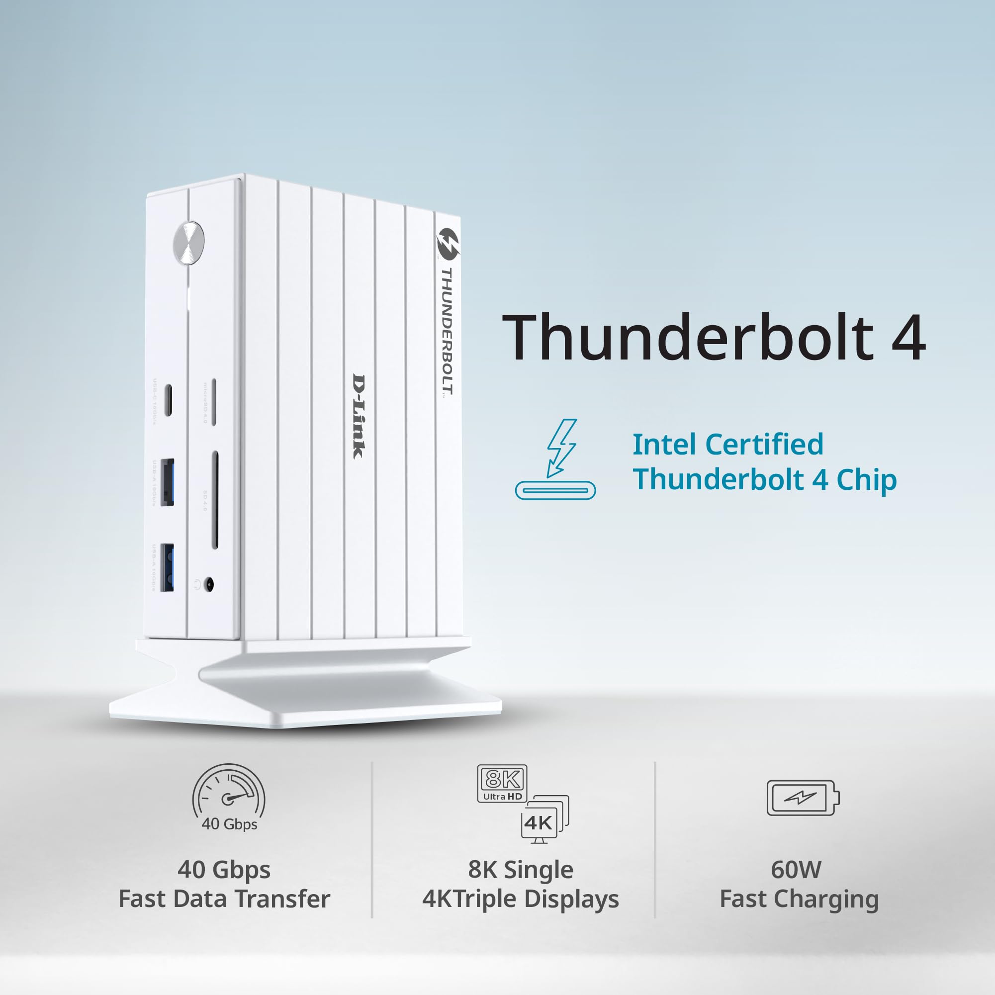 D-Link Stacja dokująca DUF-E01 Thunderbolt 4 14-w-1, potrójny wyświetlacz 8K, 40 GB/sek., ładowanie PD 60 W, HDMI 2.1, DP 1.4, Gigabit LAN, SD/microSD, Audio, Porty USB-C i USB-A - do komputerów Mac