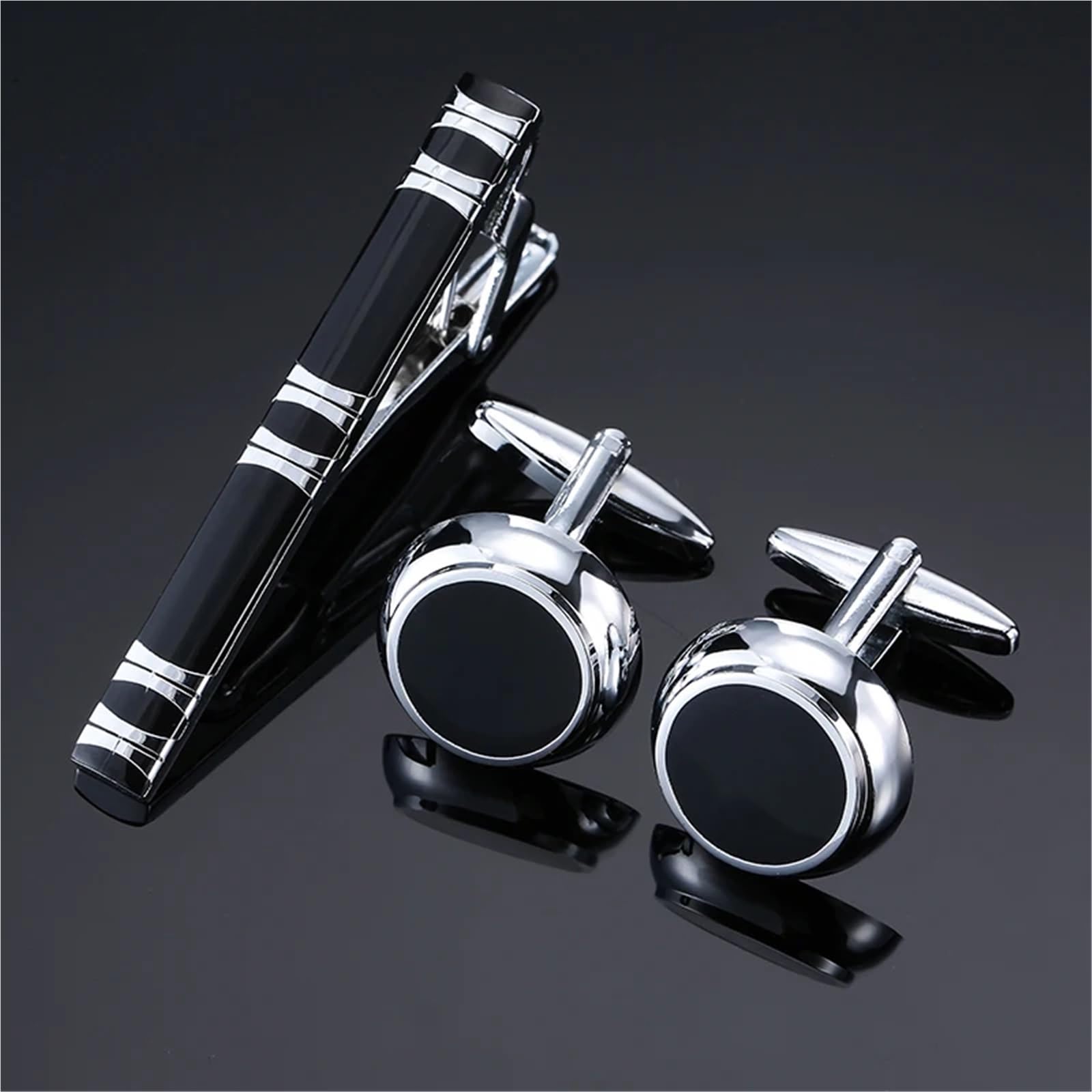 Juego de Gemelos de Camisa for Hombre con Clip de Corbata de Traje y diseño de Rayas de Esmalte Negro Redondo de Material de Cobre para Camisas