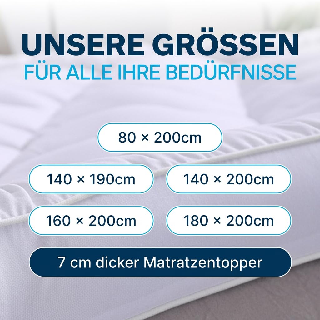 Komfort-Matratzenauflage 160x200 cm - Atmungsaktive Mikrofaser, hypoallergen und milbenhemmend, 800 g Füllung - rutschfest mit Gummibändern - Ideal für 2 Personen.