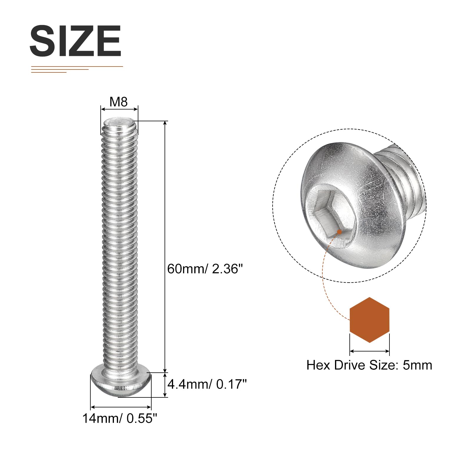 DTGN M8-1.25x60mm Button Head Socket Cap Screws, 10Pack, Good for Machine, 304 Stainless Steel 18/8 - Image 2