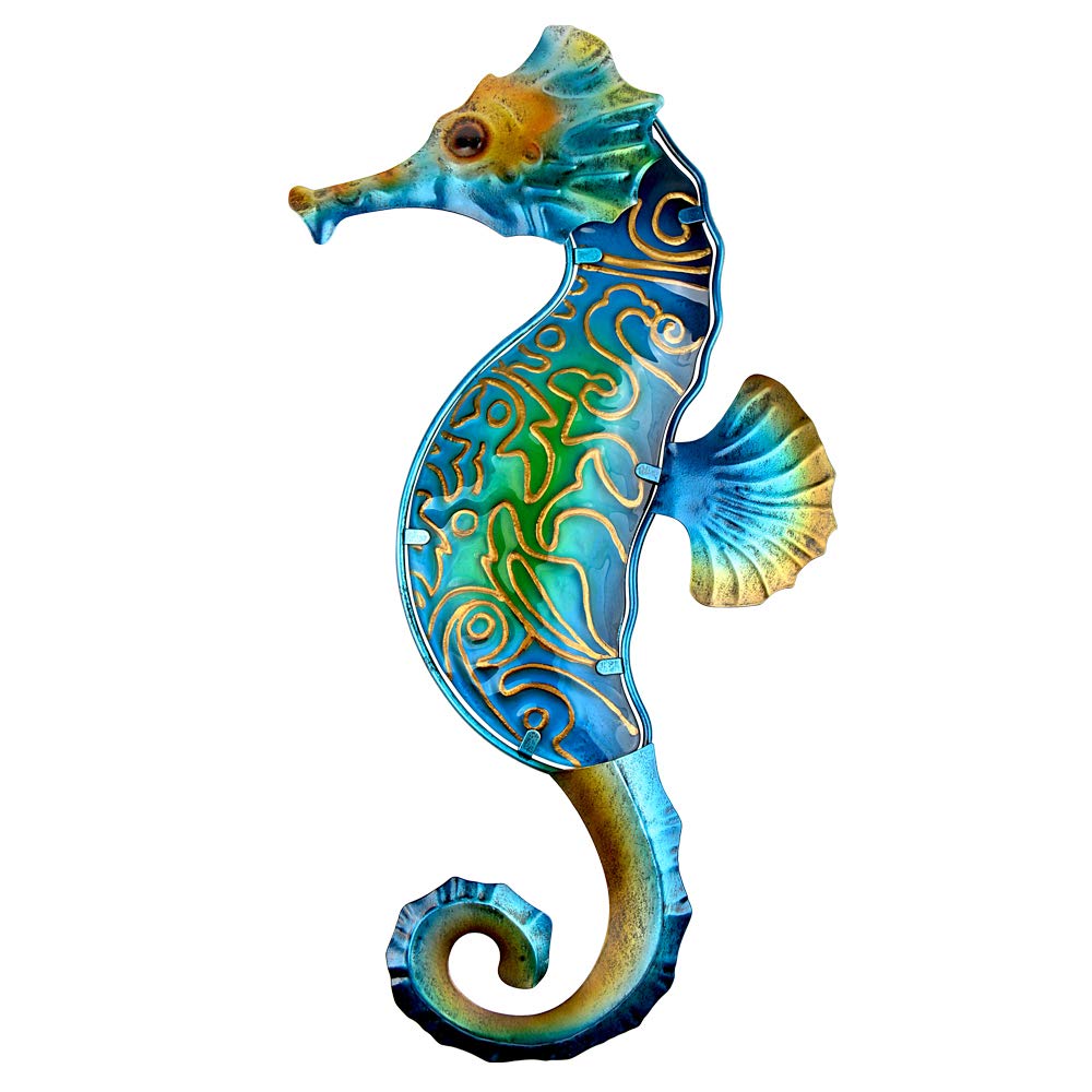 John's Studio Metal Seahorse Wall Decor Bathroom Glass Art Iron Sculpture Outdoor Blue Hanging Decoration for Home Bedroom Garden Patio Porch or Fence