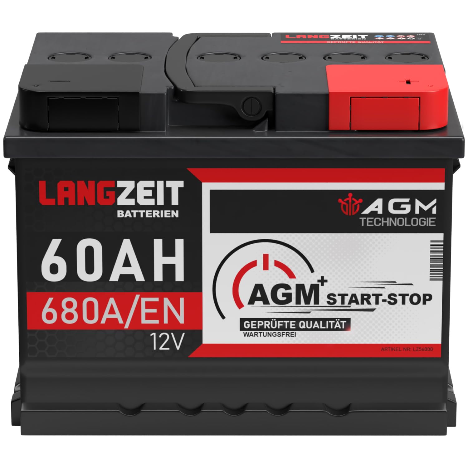 LANGZEIT AGM Batterie 60Ah 12V 680A/EN Start-Stop Autobatterie VRLA