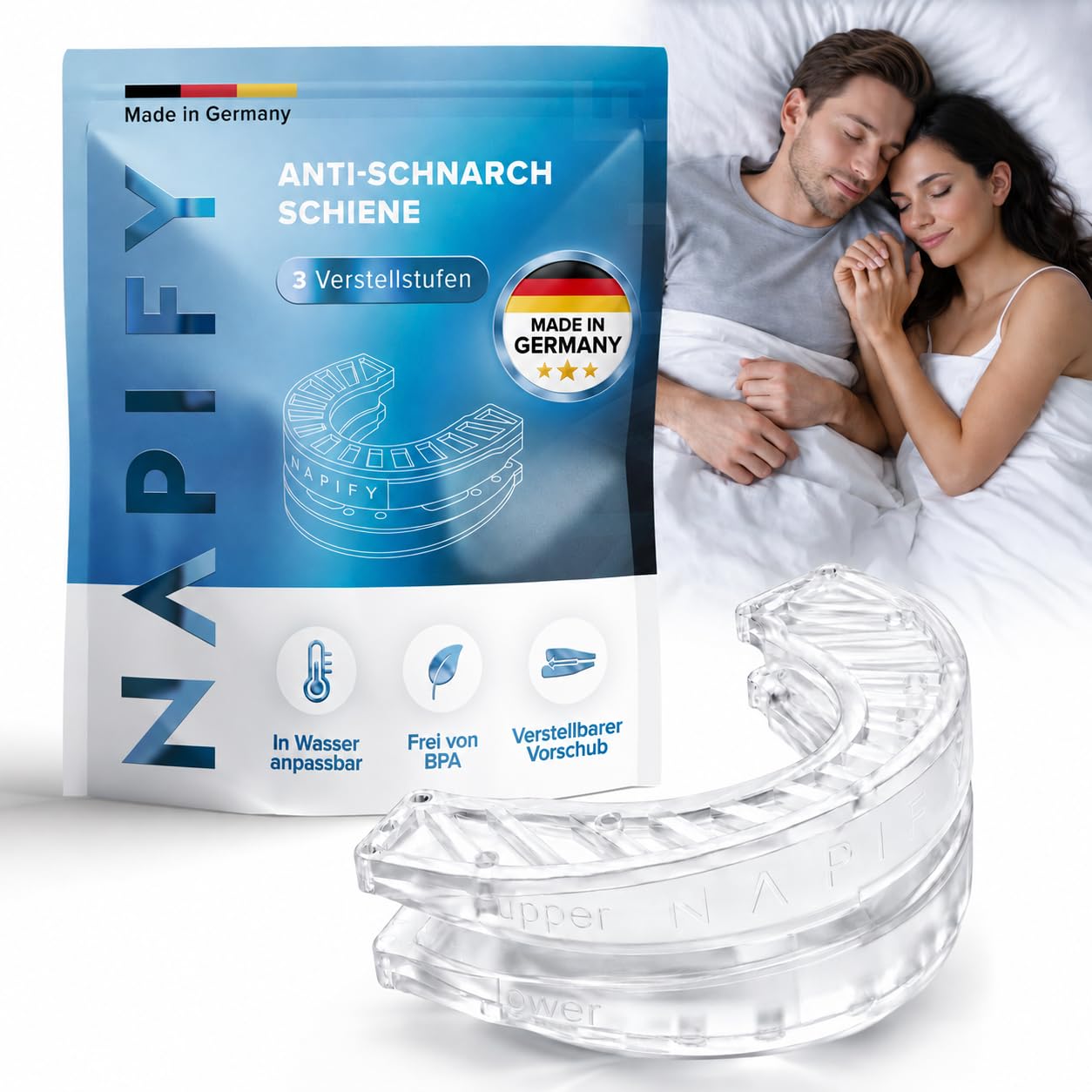Schnarchschiene Made in Germany – verstellbare Anti Schnarch Zahnschiene gegen Schnarchen & Zähneknirschen, Aufbissschiene, Schnarchstopper, Anti-Snoring Mouth Guard, anpassbar, transparent