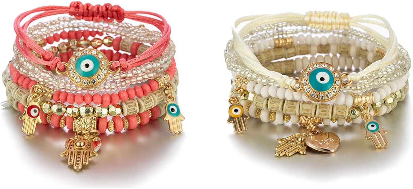 MIFYNN2 Pcs Bohemian Stackable Bracelets Multilayer Evil Eye Hamsa Hand Bracelets Boho Stretch Strand Bracelet Multicolor Crystal Charm Bracelet Lucky Protection Bangles for Women