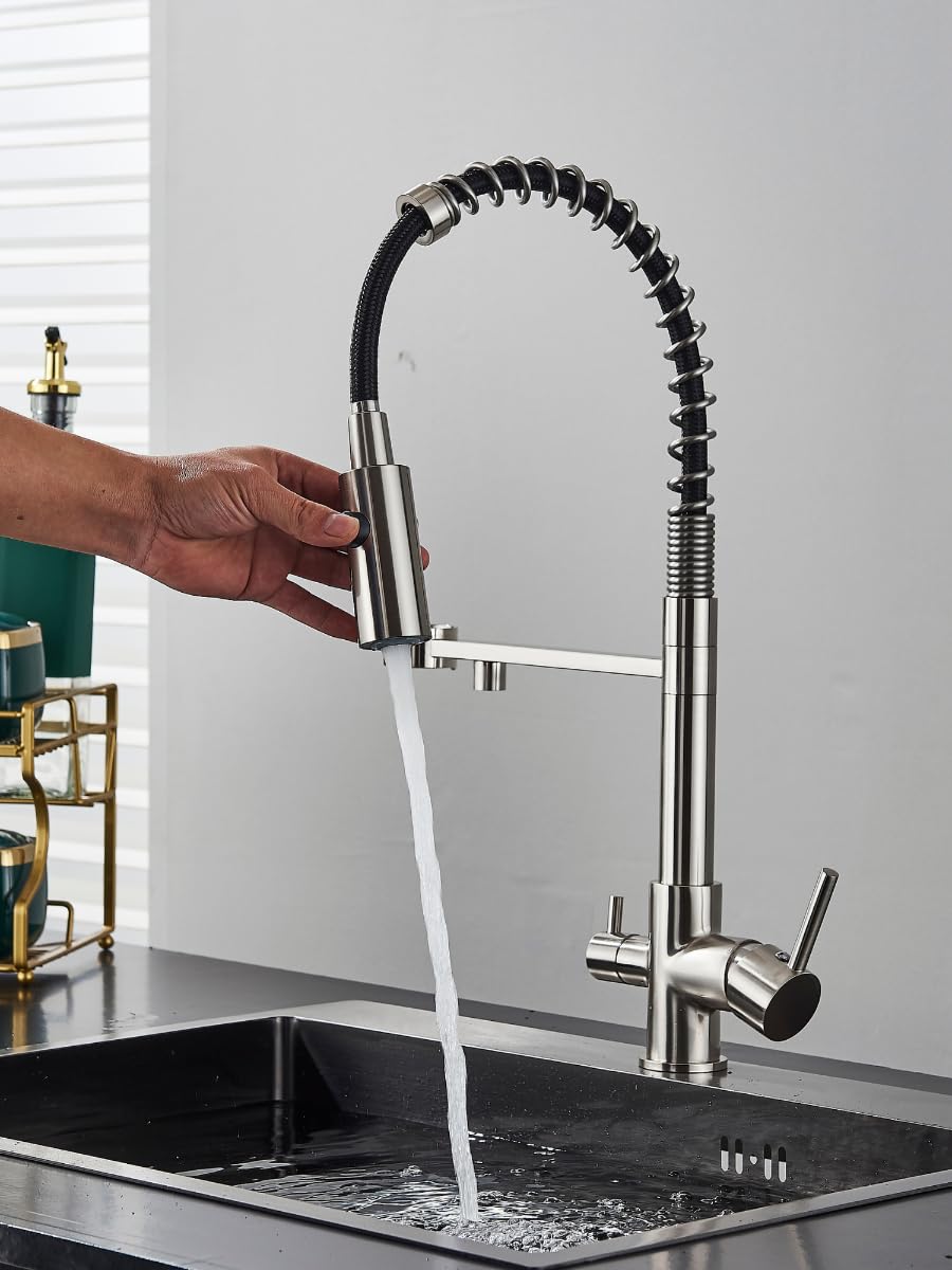 Rubinetto da cucina a 3 vie SOLID SPRING con doccetta estraibile, cavo separato per filtro dell'acqua, beccuccio girevole a 360°, rubinetto a molla in ottone, montaggio monoforo (acciaio inossidabile)