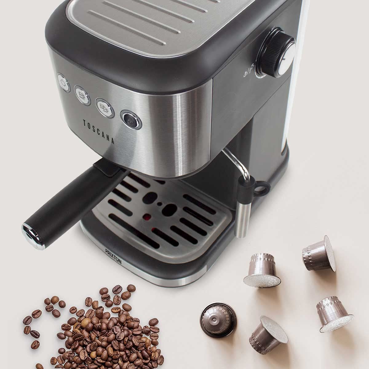 PRIXTON Cafetera Automática Toscana para café Expresso y Adaptador para Cápsulas, Bomba Italiana 850W y 20 Bares de Presión, Vaporizador