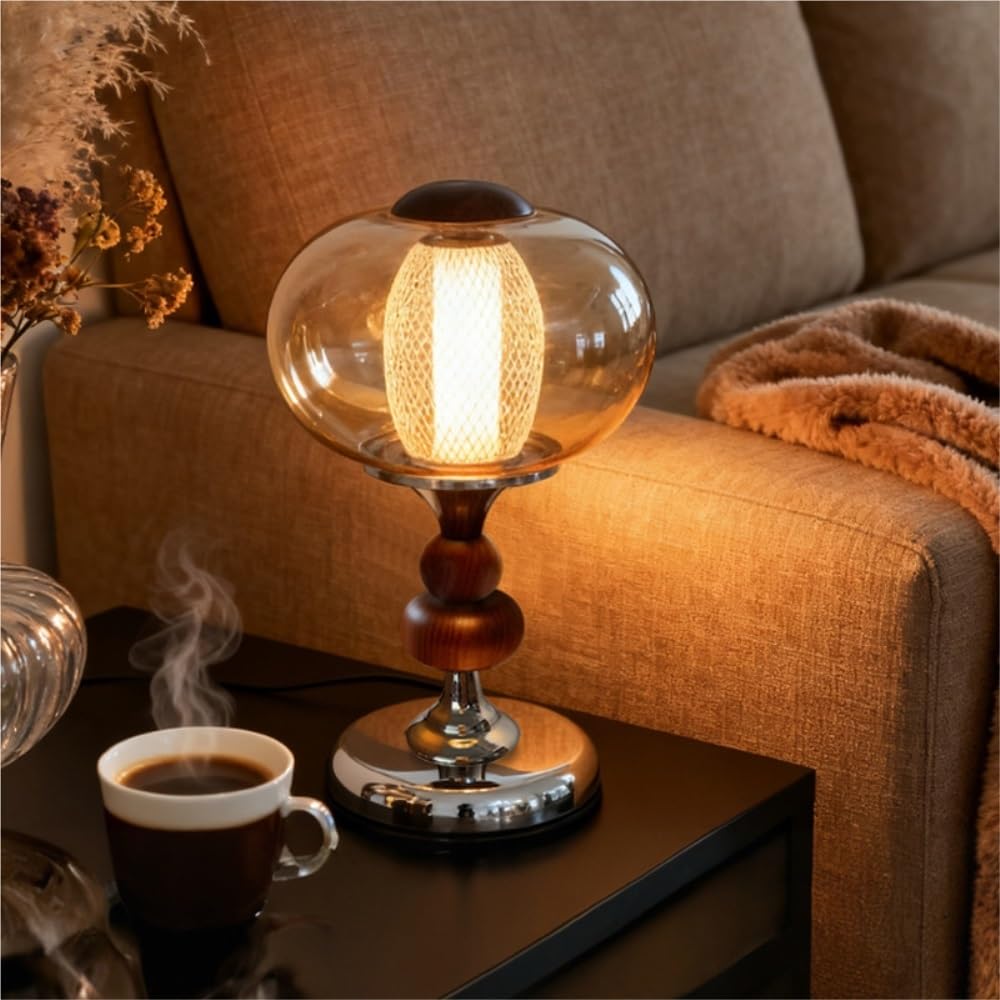 Lampada vintage in legno, luce notturna da comodino touch | Base in legno massello, paralume in vetro, controllo touch, metà secolo, luce notturna
