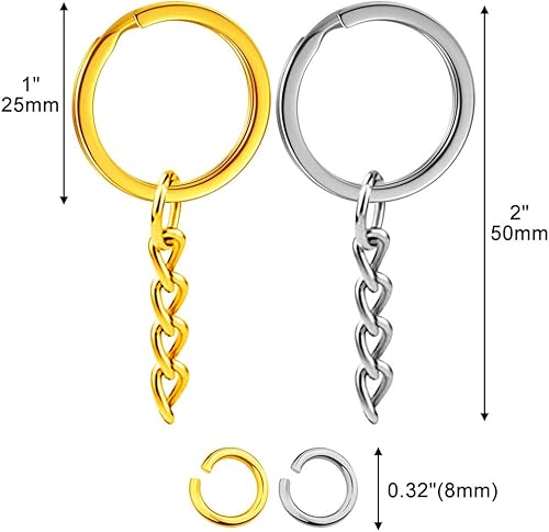 Miniatura 7 de Kit de 200 anillos de llavero planos, 100 llaveros planos plateados y dorados con cadena, y 100 anillos abiertos plateados y dorados, llaveros de