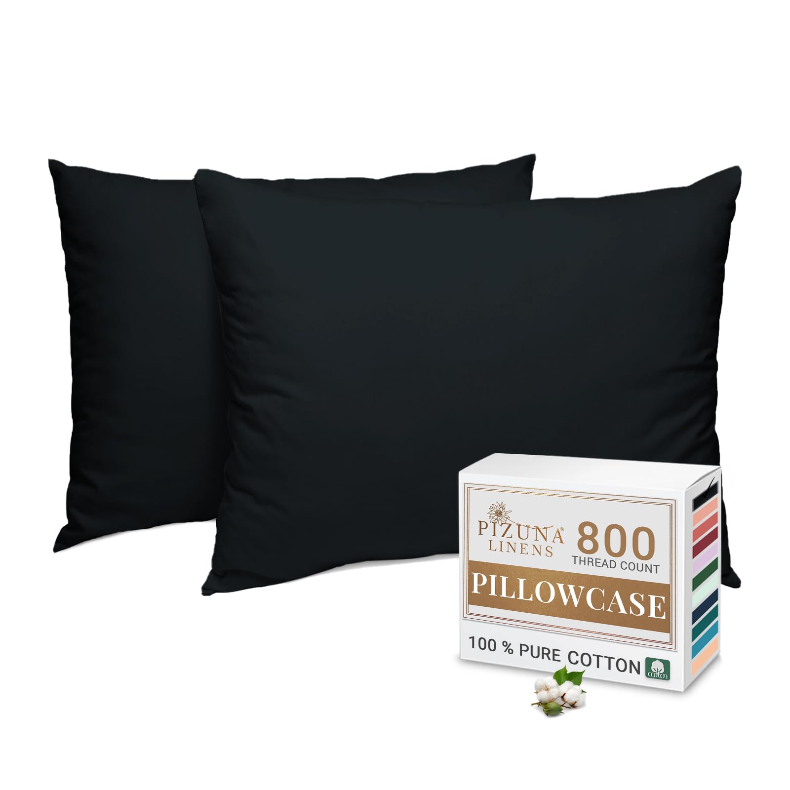 Pizuna Black Luxurious Cotton Housewife Pillowcases 2 Pack 48X74cm, 800 Thread Count Long Staple Combed Cotton Pillow Cover, Crisp Sateen Weave Housewife Pillow Cases (Luxury Pillowcase 2 Pc)