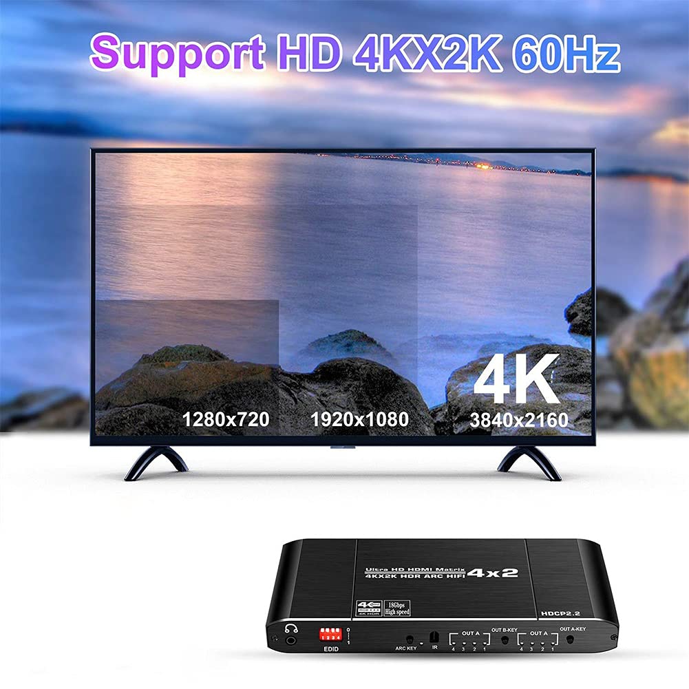 RSGK Matriz HDMI2.0 De 4 Entradas Y 2 Salidas, con Óptica Toslink SPDIF + Coaxial + Salida De Audio De 3,5 Mm, Separación De Audio De 4K60hz + ARC HDCP2.2 EDID