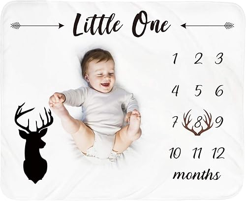 Miniatura 1 de Manta mensual de hito para bebé, manta de mes recién nacido, unisex, neutro, regalo personalizado para ducha, cuernos de ciervo, decoración de