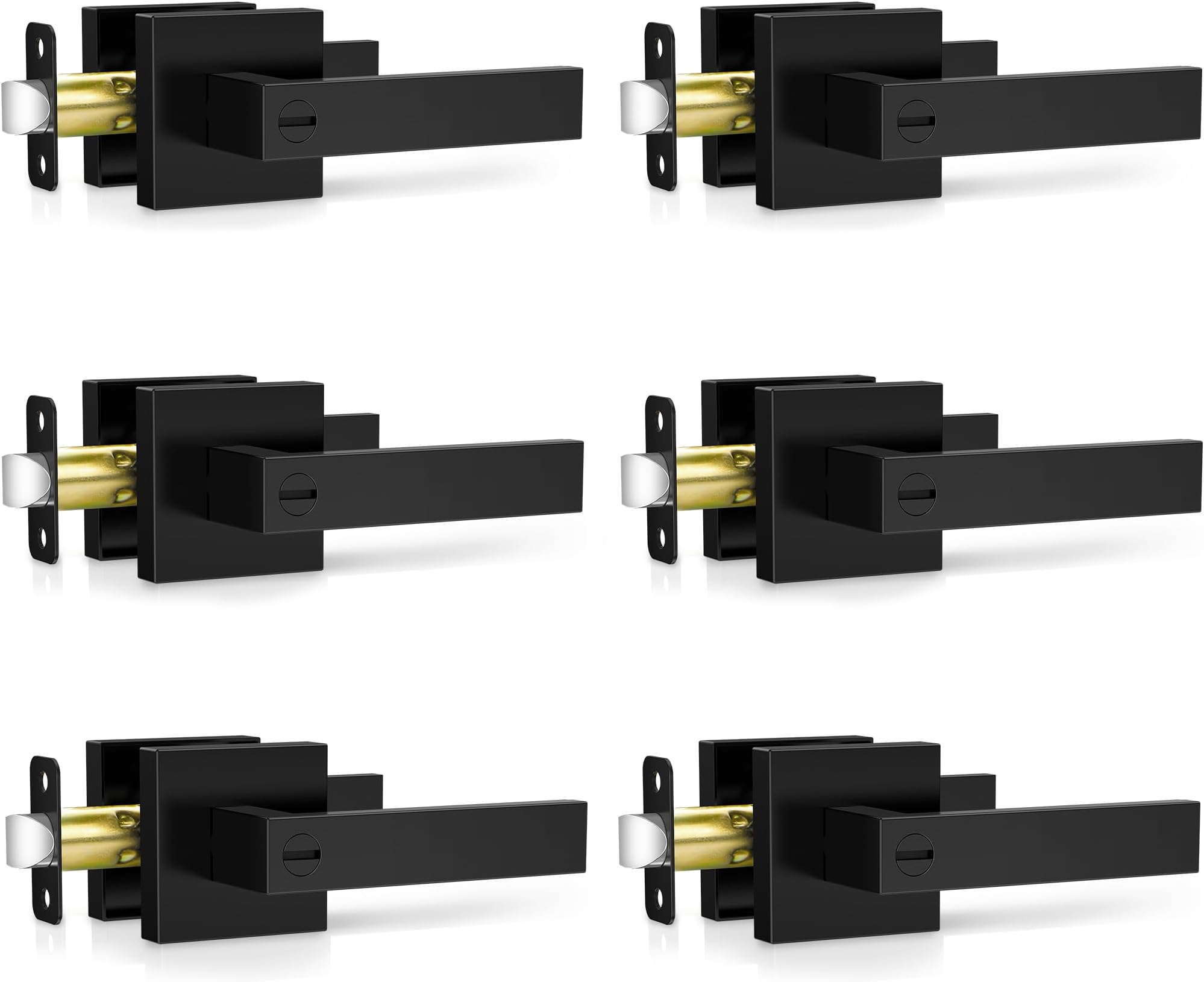 Plustool 6 Pack Matte Black Door Handles Interior, Keyless Interior Door Knobs, Privacy Door Locks for Bedroom Bathroom, Heavy Duty Square Door Lever Locksets, Reversible for Left&Right Handled Doors