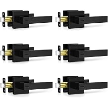 Plustool 6 Pack Matte Black Door Handles Interior, Keyless Interior Door Knobs, Privacy Door Locks for Bedroom Bathroom, Heavy Duty Square Door Lever Locksets, Reversible for Left&Right Handled Doors