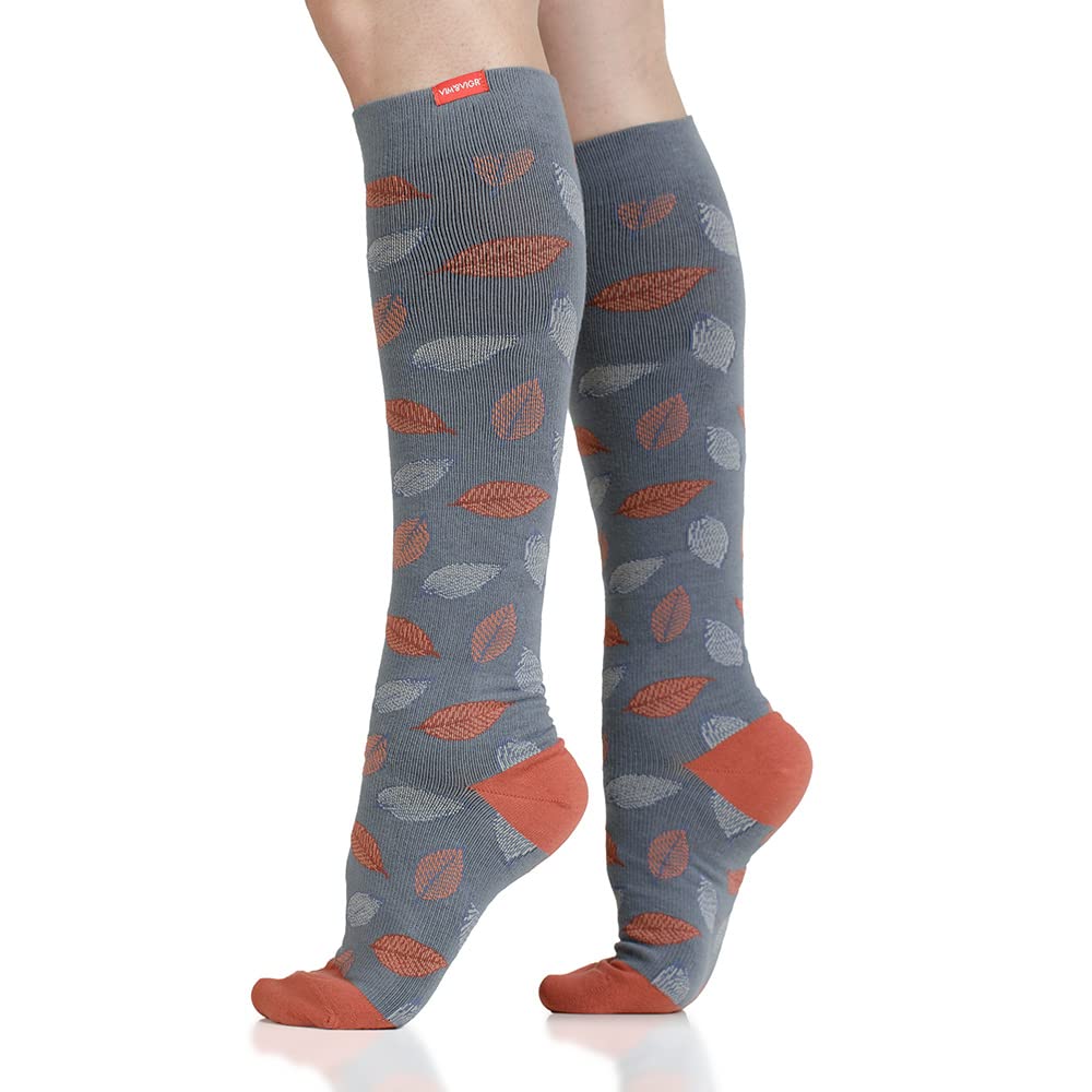 VIM & VIGR Cotton 20-30 mmHg Medical Grade Compression Socks (Orange & Grey Falling Leaves, Small/Medium Wide Calf (4)), Orange & Grey Falling Leaves, 4