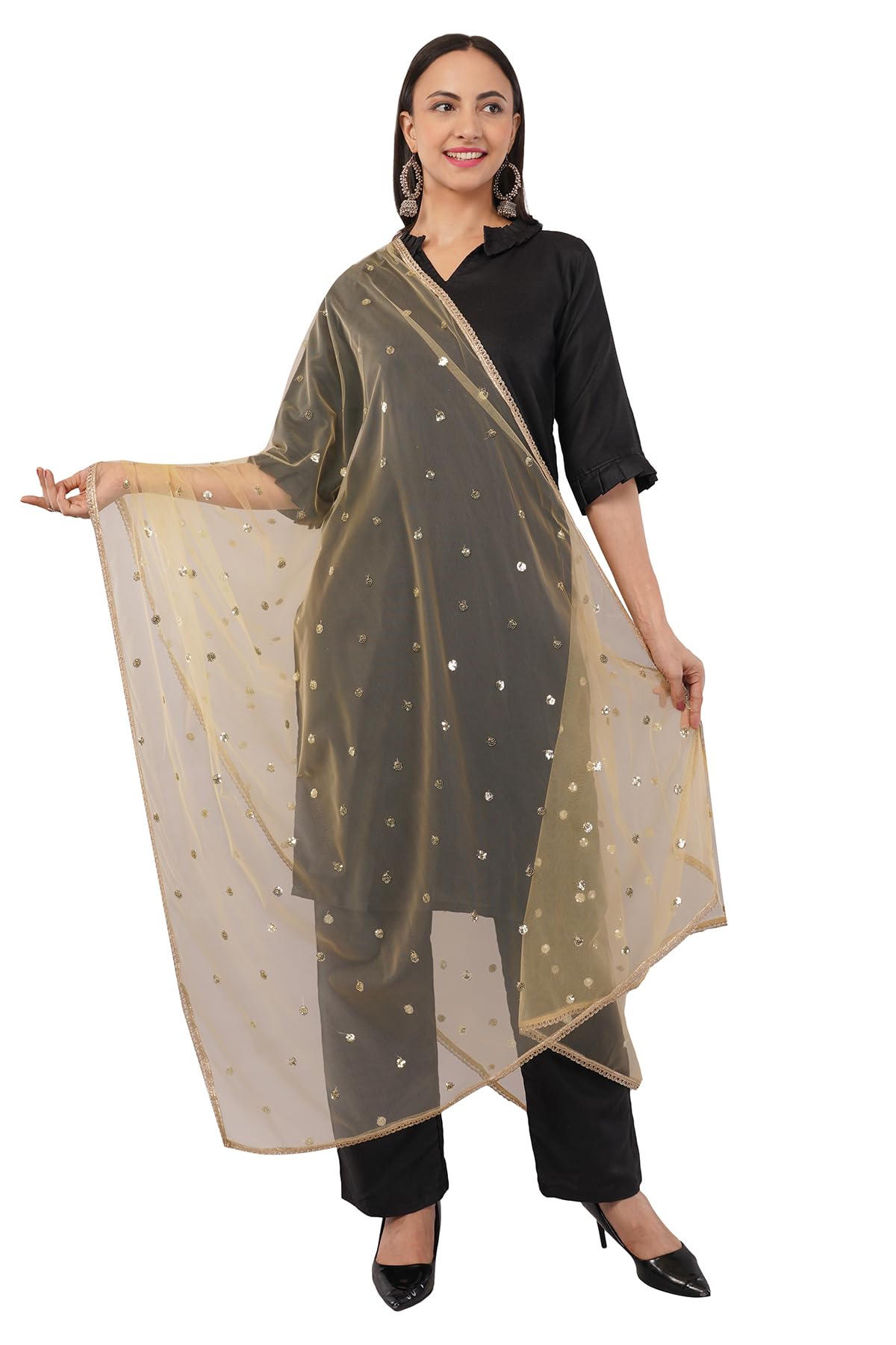 Negchaar Net Butti Dupatta for Women | Golden Lace Border Chunni | Butti Work Odhani | Wedding & Bridal Styling | Lightweight Drape | Kurti & Salwar Suit