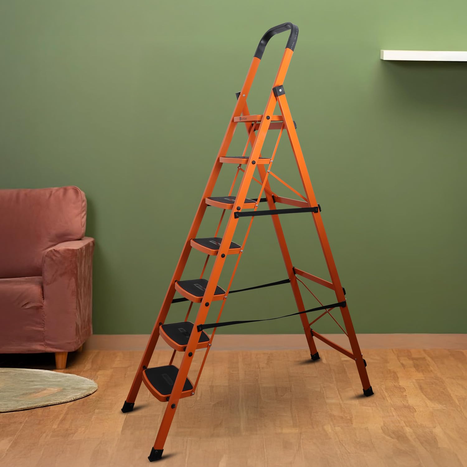 BonKaso 7‑Step Foldable Ladder – Alloy Steel, Orange