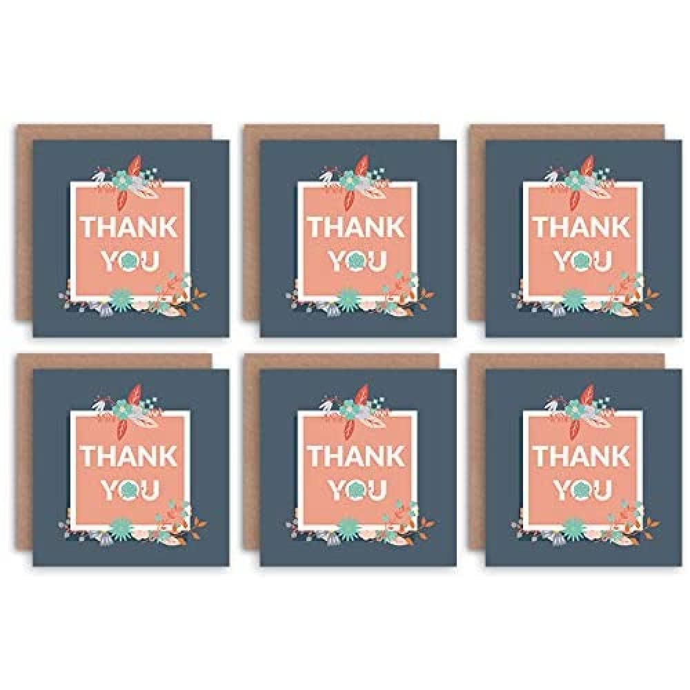 Wee Blue Coo Thank You Cards 6 Pack - Floral Design Blue Set Blank Cards