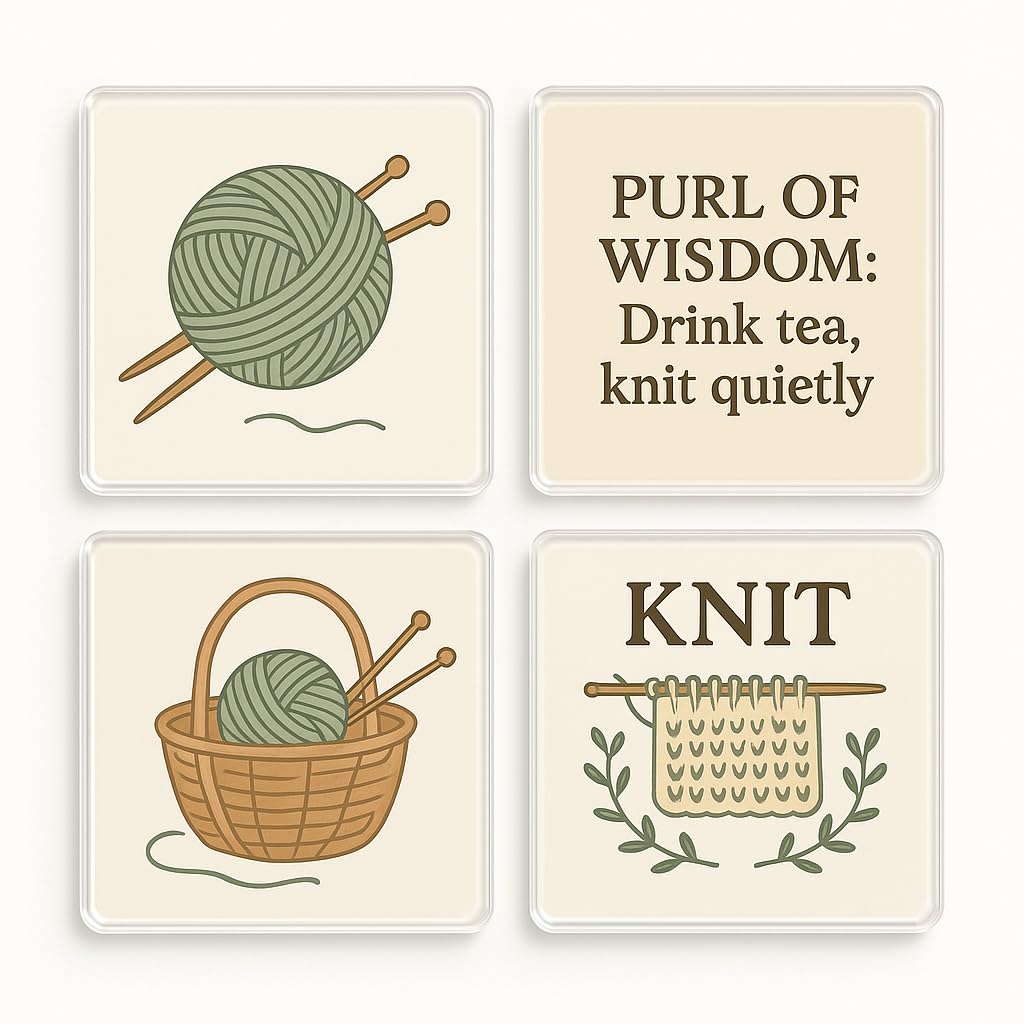 The Plum Penguin Knitful Whimsy Acrylic Coaster Gift Set Of 4 With Whimsical Knitting Designs - Cottagecore Charm Decor For Knitters & Crafters