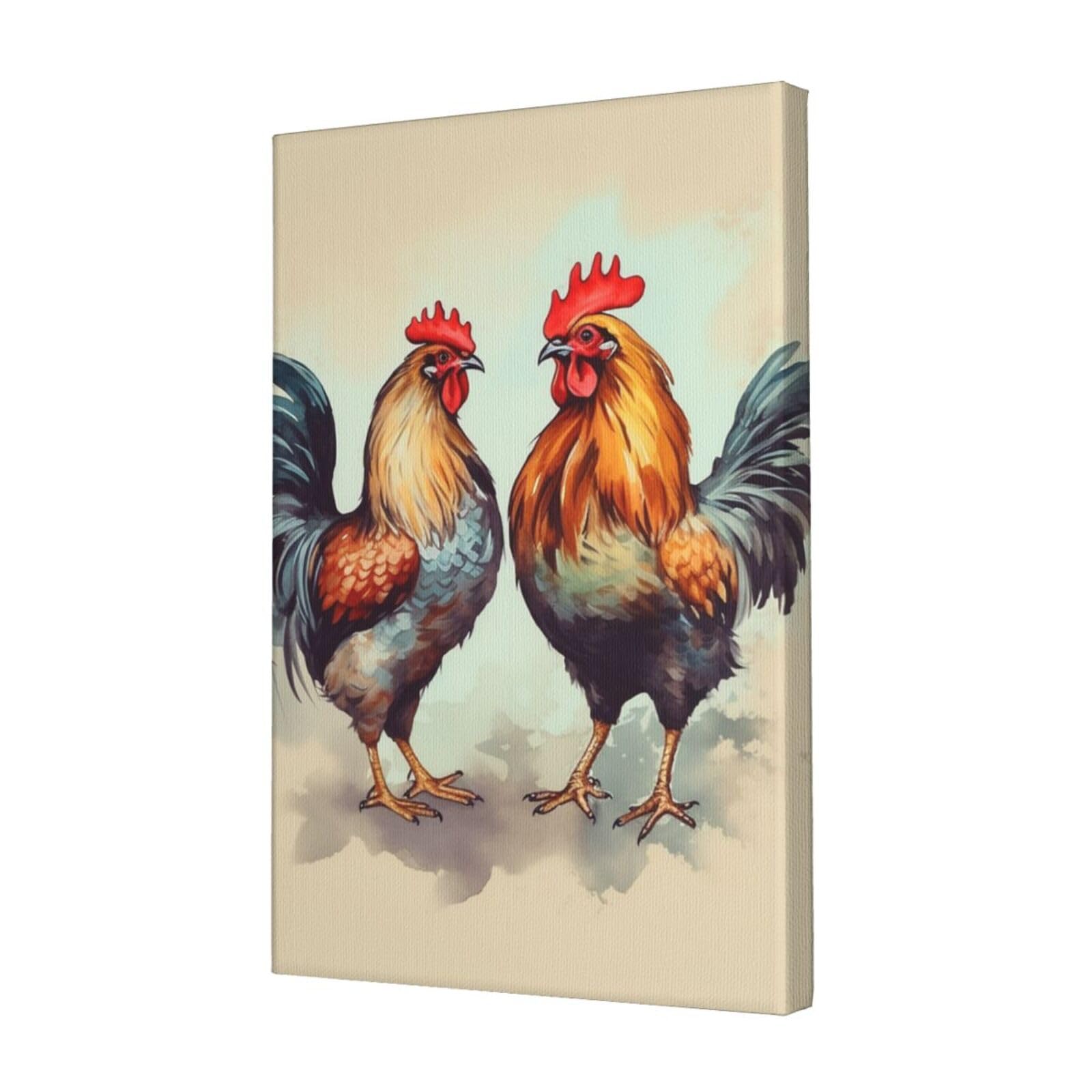 KLOPH Rooster and hen Canvas Wall Art for Living Room 12"x18" Modern Artwork Painting for Bathroom Hanging Canvas Prints Aesthetic Wallart for Bedroom Kitchen Office Wall Decor