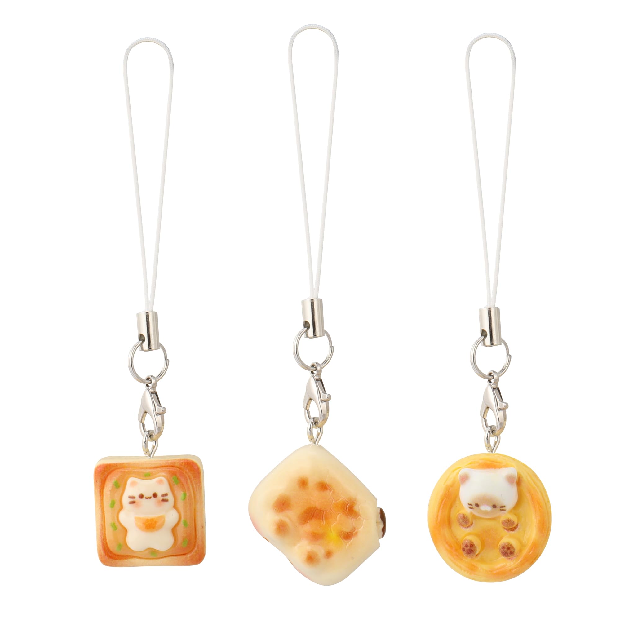 GAXAYA 3PCS Cute Cat Bread Phone Charms Strap for Women Kawaii Kitten Toast Keychains for Bags Backpack