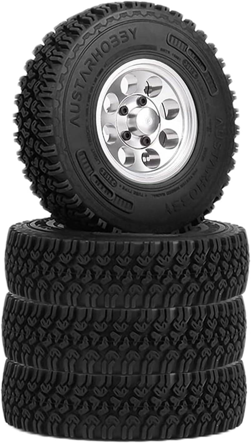 4PCS 1.55 Inch Alloy Beadlock Metal Wheel Rim Tyre Rubber Tires for 1/10 RC Crawler Car Jimny Axial AX90069 D90 TF2 Tamiya CC01 LC70(Silver)