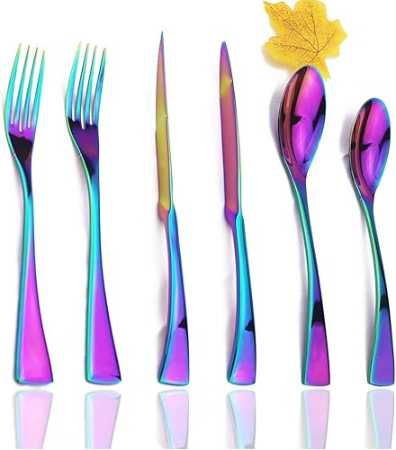 JASHII Vajilla de 20 piezas multicolor Rainbow Iridiscente, juego de cubiertos de acero inoxidable, juego de cubiertos con acabado espejo