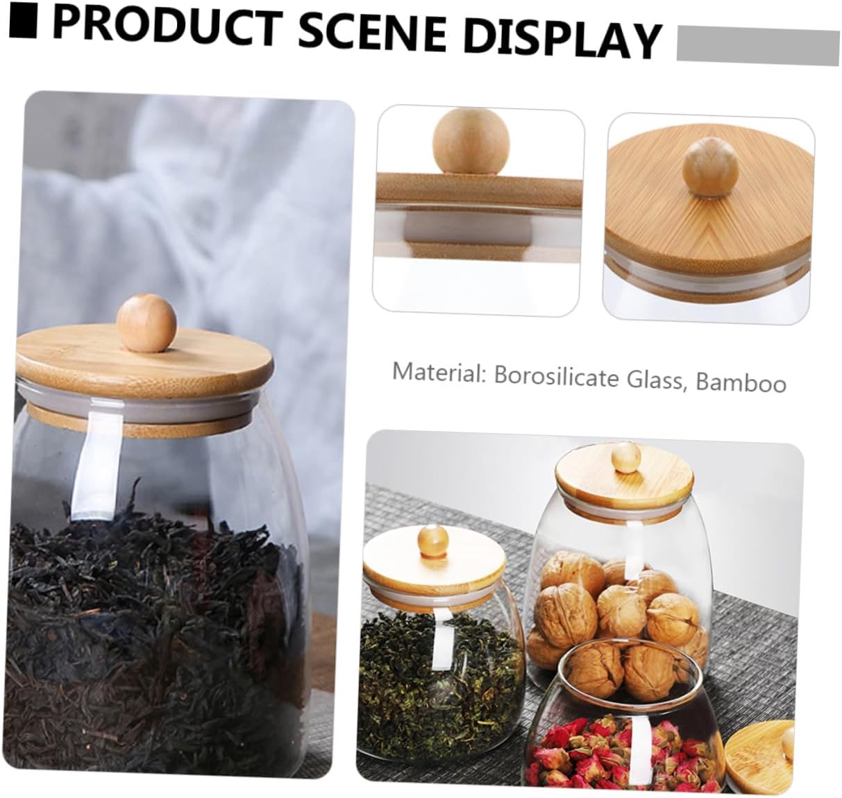 HOMSFOU Glass Candy Jar and Dried Fruit Storage Canister 900ml with Wooden Lid, Airtight Sealed Food Jar Set of 2 for Kitchen Pantry and Snack Organization