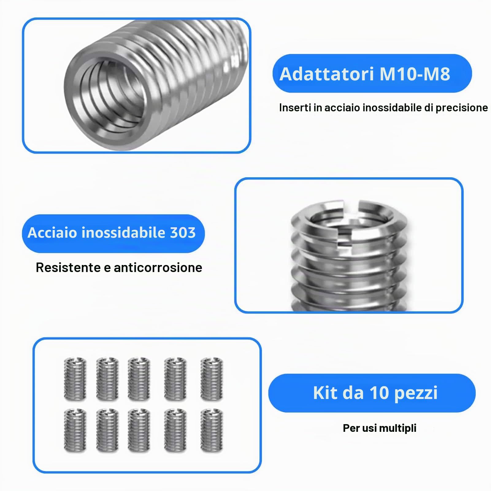 10 pezzi di inserti filettati da M10 a M8, bussole filettate in acciaio inossidabile da 15 mm, adattatore filettato a vite, bussola filettata, set di riduzione filettatura (M10*M8)