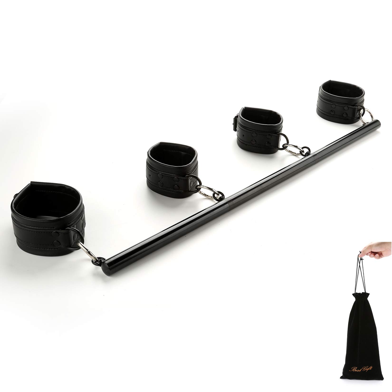 EXREIZST 3 in 1 Black Spreader Bar and 4 Premium Soft Black Leather Straps Expandable Adjustable Exercise Sports Training Set