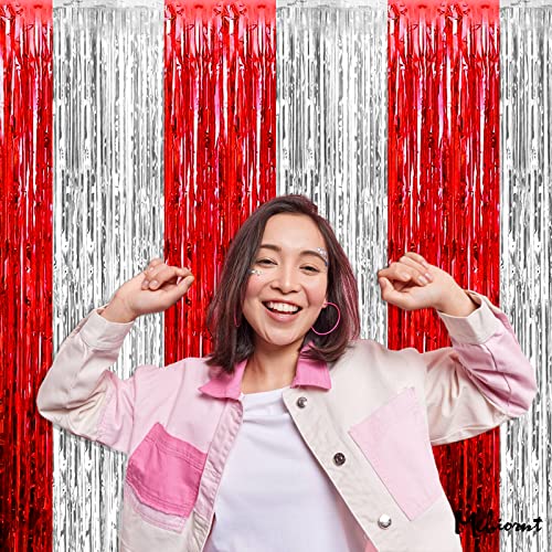 Image of 4 Pack 3.2Ft x 9.8Ft Red and Silver Fringe Curtain Backdrop, Metallic Tinsel Foil Fringe Streamers Curtains Background for Photo Booth Wedding Circus Welcome Carnival Birthday Party Decorations