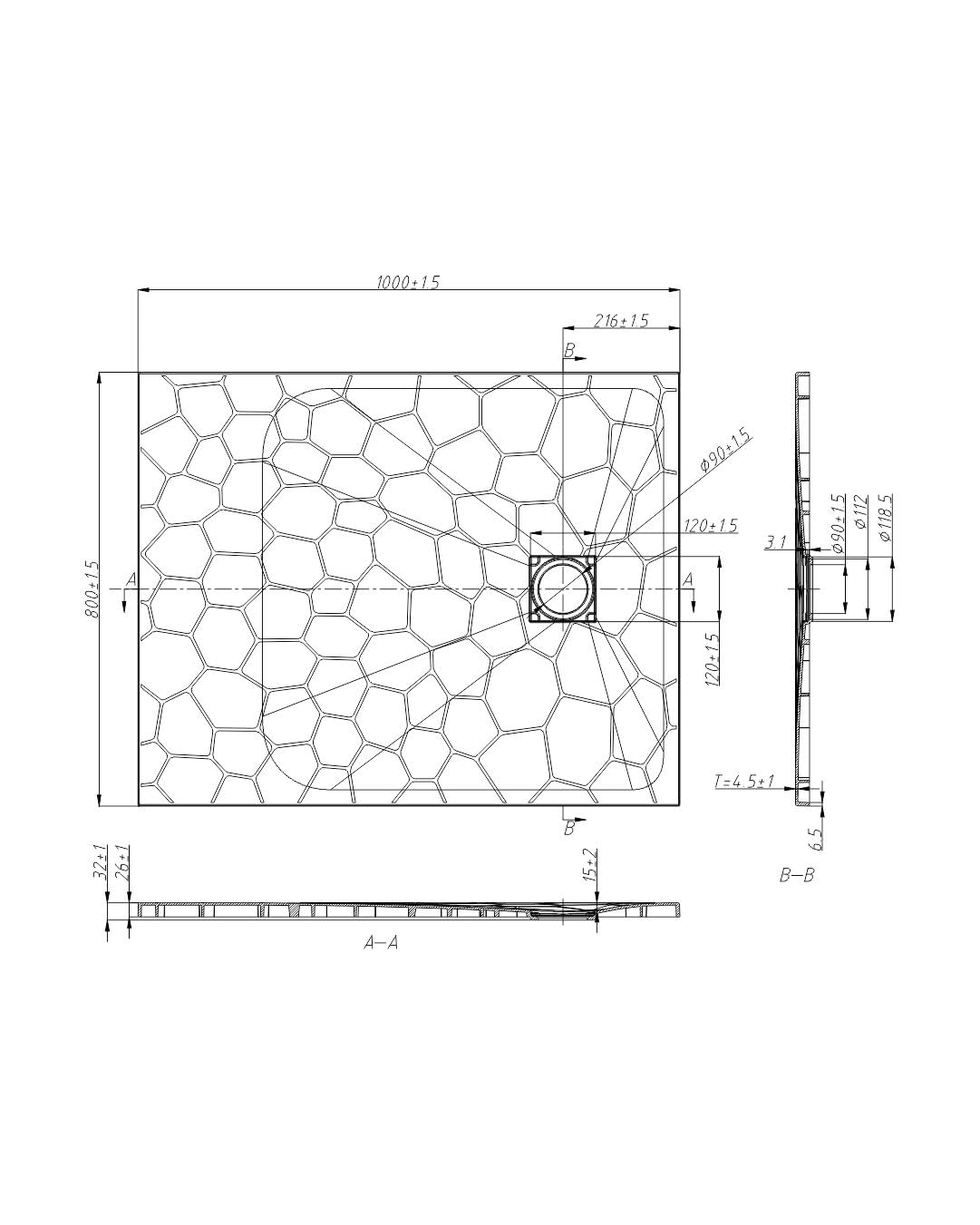 Piatto Doccia 80x100x2.6 cm Bianco Effetto Pietra Rettangolare in SMC Riducibile con Kit di scarico