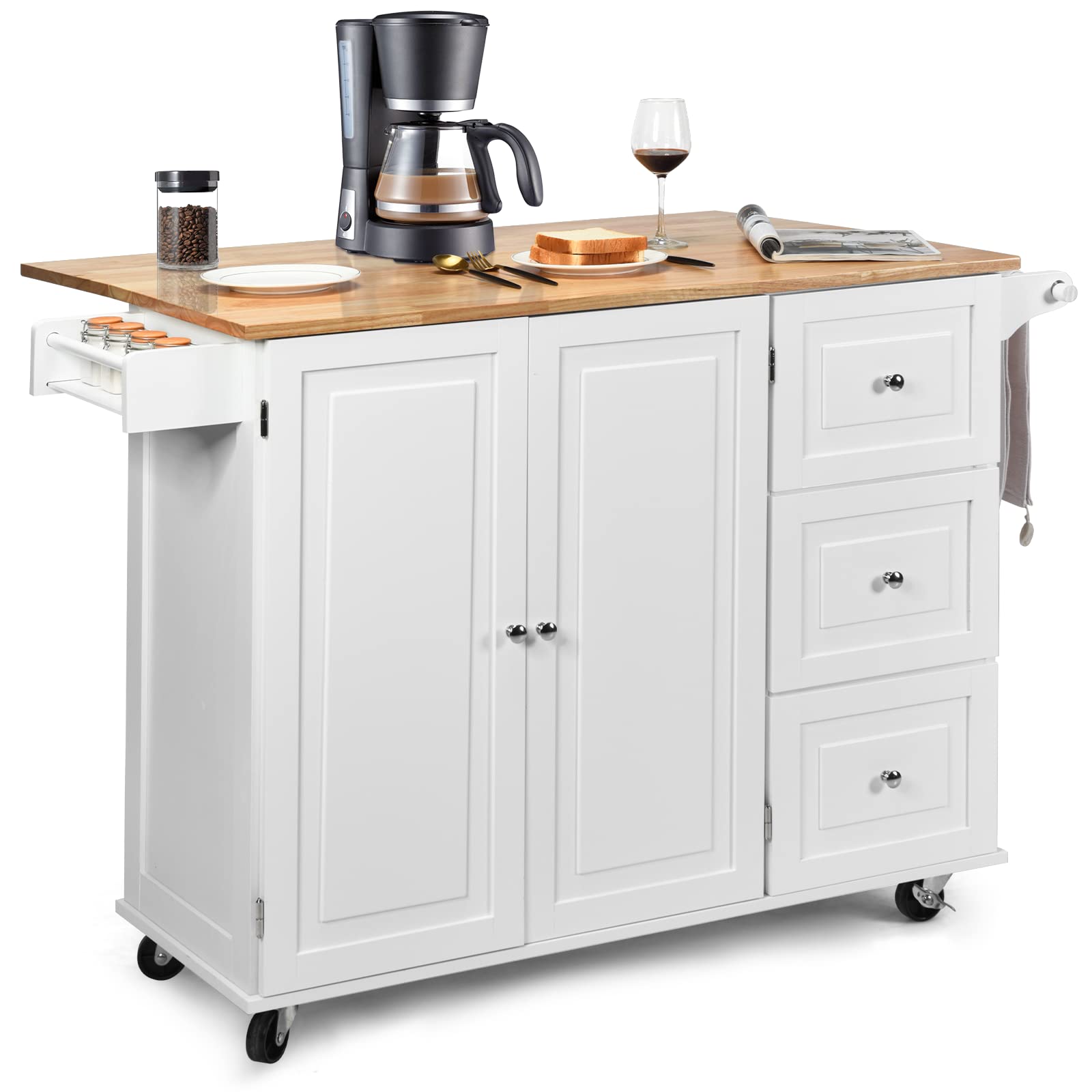 TANGZON Large Rolling Kitchen Island, Kitchen Storage Trolley with Extendable Wood Worktop, Adjustable Shelves, 3 Drawers & Side Handles, Mobile Utility Serving Cart for Home Dining Room (White)