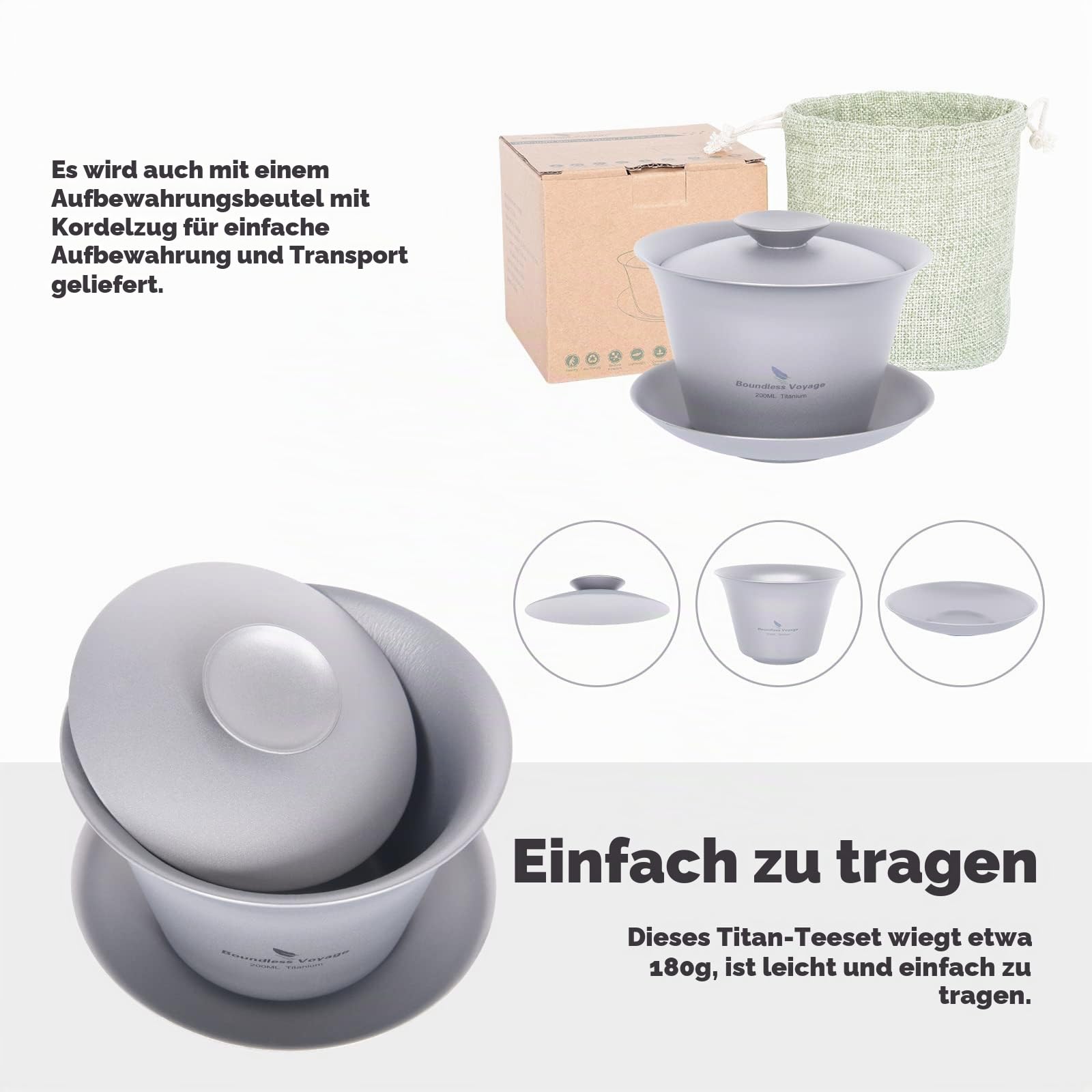 iBasingo 200ml Titan Gaiwan 3 35ml Kung Fu Teetasse & Untertasse mit Deckel Tragbares Reise Teeservice Chinesische Teeset Leichtes Outdoor Camping Doppelwandige Langlebige Teetassen Ti3124D