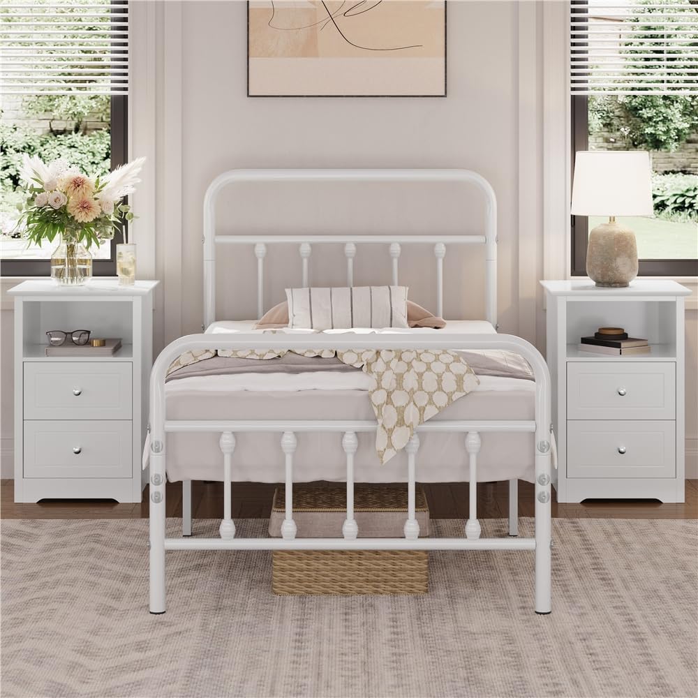 Yaheetech Mesitas de Noche con 2 Cajones 40x35x60cm Mesillas de Noche Vintage para Dormitorio Mesita de Madera Lacada para Cama Blanco