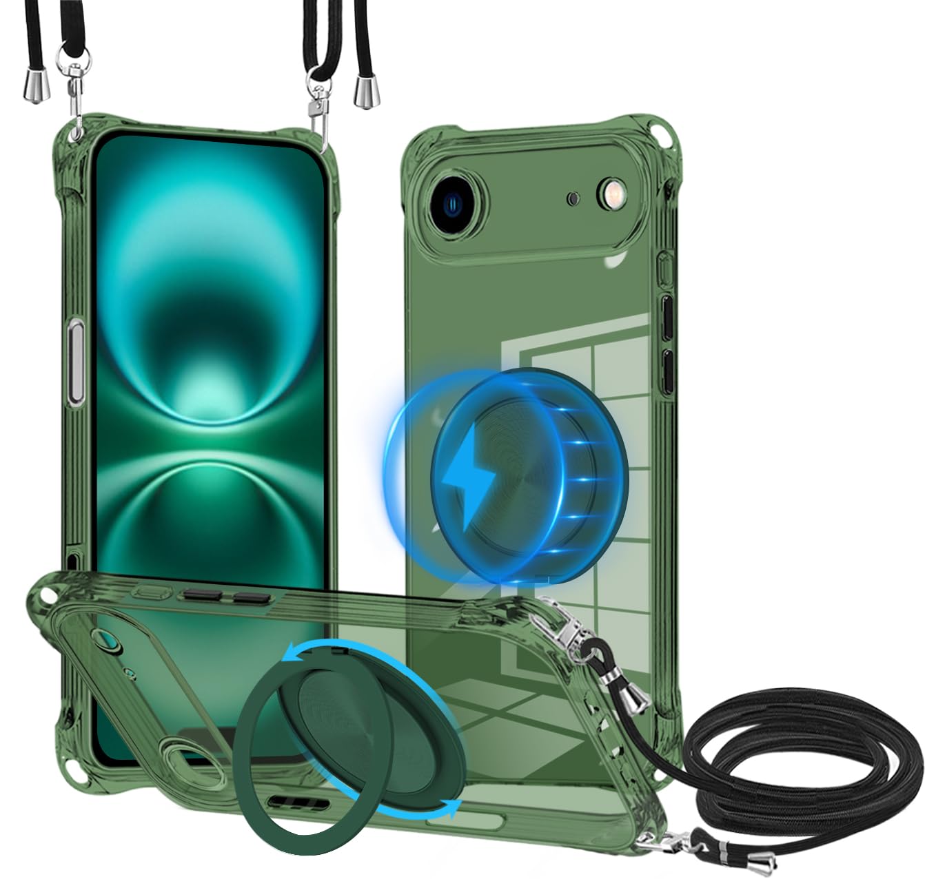 iPhone AIR 用 ケース クリア MagSafe対応 リング スタンド 360度回転できる ワイヤレス充電 ネック ショルダー あいほん air カバー 肩掛け 首掛け 斜めがけ 紐付き 韓国 耐衝撃 米軍MIL規格取得 スタンド機能 縦横両対応 落下防止 透明 TPU 薄型 軽量 黄変なしスタンド機能車載対応 アイフォン air スマホケース