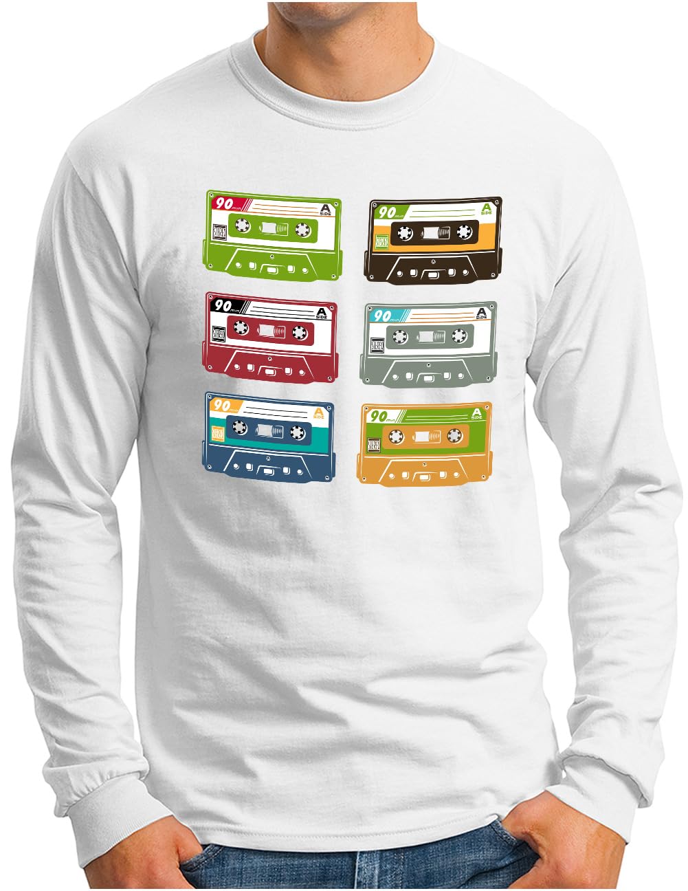 T-shirt rétro Music Casette Tape en coton doux manches longues blanc - 6
