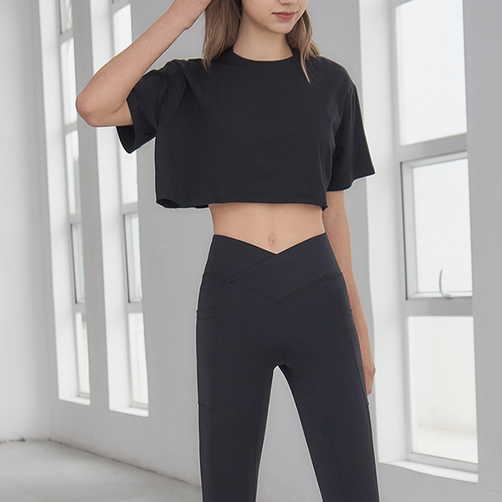 Damskie Sportowe Topy Slim Fit PrzycięTe Topy Do Jogi T Shirt Cover Ups,Black,M