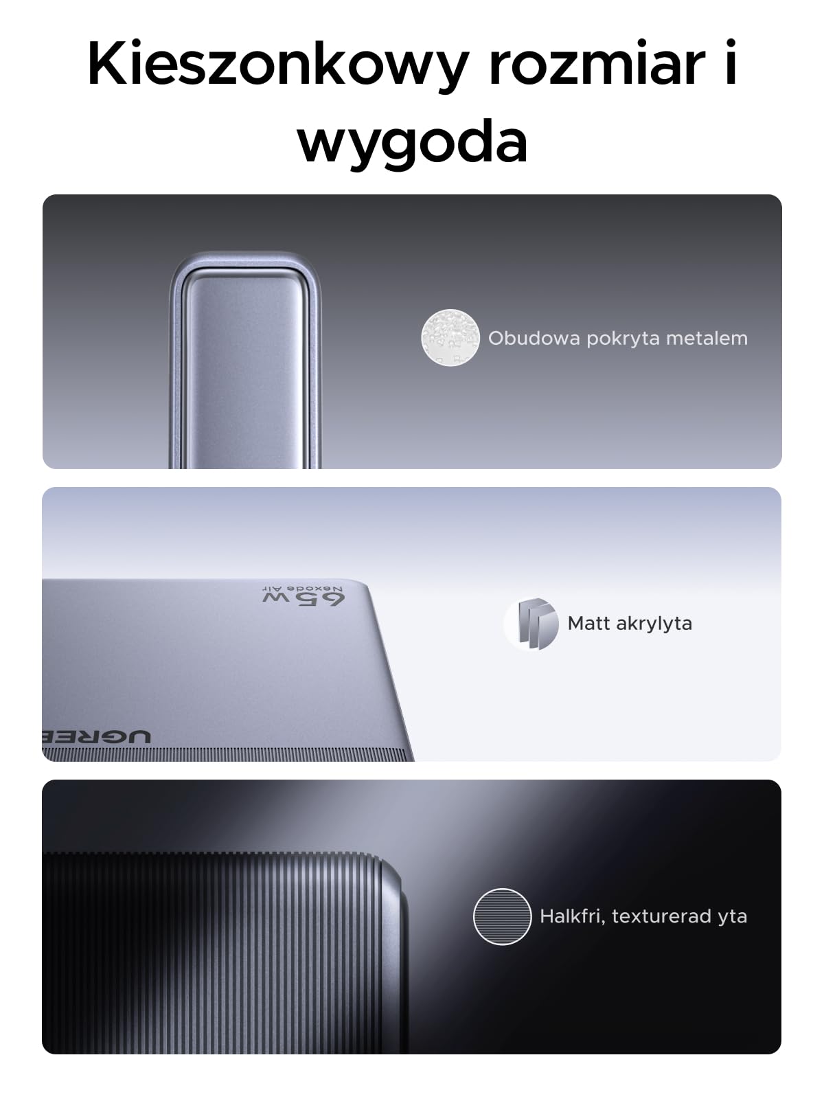 UGREEN Ładowarka USB-C 65W, cienka, 1,45 cm, składana wtyczka, 3 porty | Ultrapłaski szybka ładowarka GaN do podróży i biura, kompatybilna z MacBookiem Pro/Air/Neo, iPhone'em 17/16, iPadem, szara