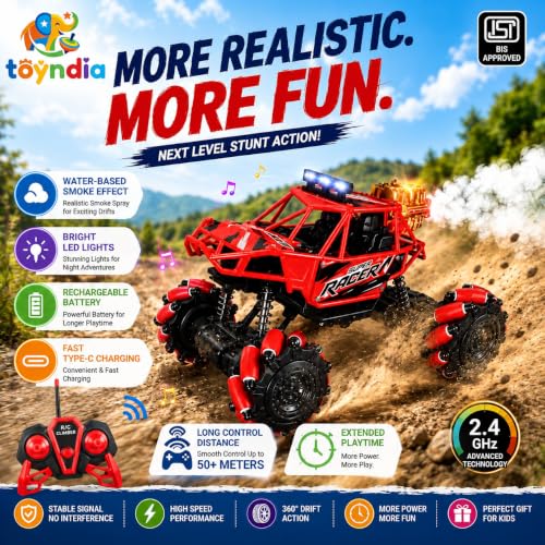 Image of Remote Control Drift Car for Kids, 4WD 8 Functions RC Stunt Car with 360 Rotation,Off-Road Climbing Monster Truck,Smoke Spray,LED Lights, USB Charging,BIS Approved Racing Toy(Random Color)