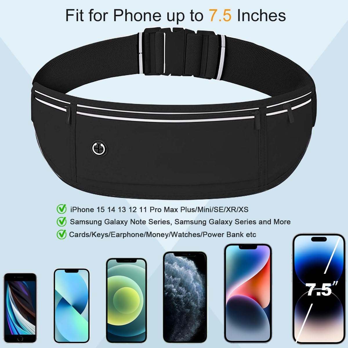 Cintura da corsa impermeabile per cellulare 3 tasche ciclismo fitness passeggiate Nero