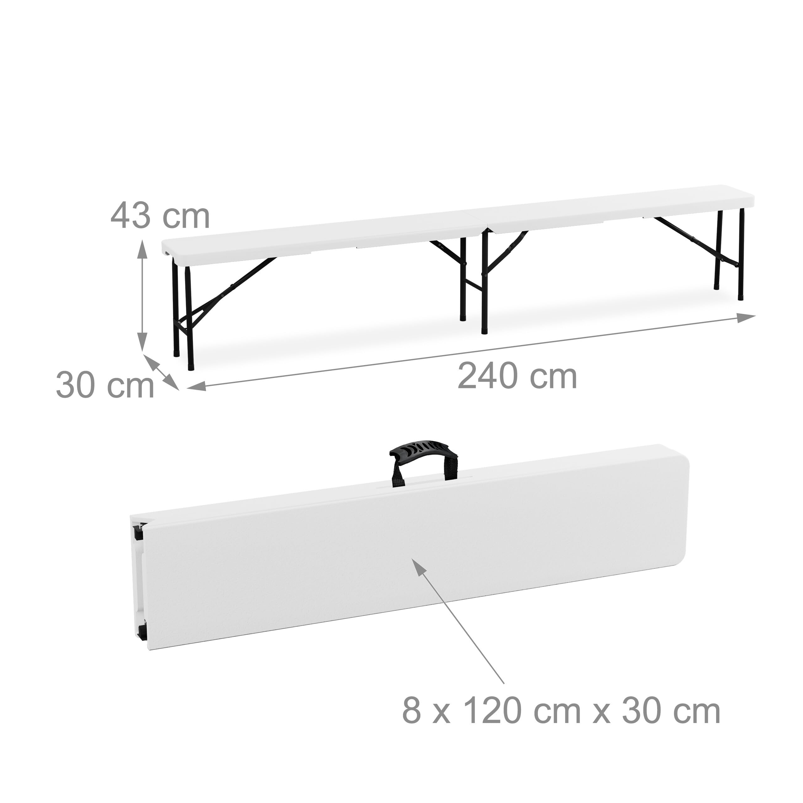 Relaxdays Bancos Plegables, Juego 2 Banquetas Jardín, Acero y Plástico, Camping, Balcón o Terraza, 43x240x30 cm, Blanco