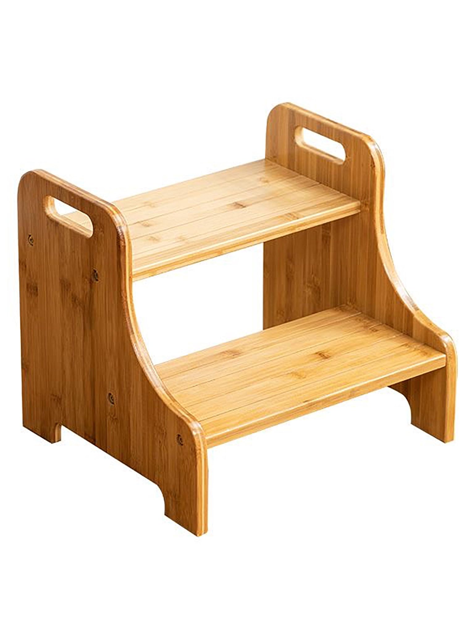 Taburete de madera, diseño de dos escalones con almohadillas y asas antideslizantes de seguridad, doble altura para uso en baño y cocina